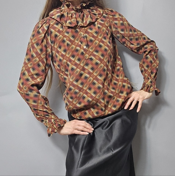 Vintage 70s 80s Yves Saint Laurent Plaid Ruffle Blouse XS As Is - Picture 1 of 10